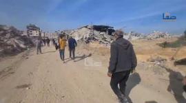 الدمار في منطقة مفترق الشهداء الستة والاتصالات بمخيم جباليا شمالي قطاع غزة بعد وقف إطلاق النار