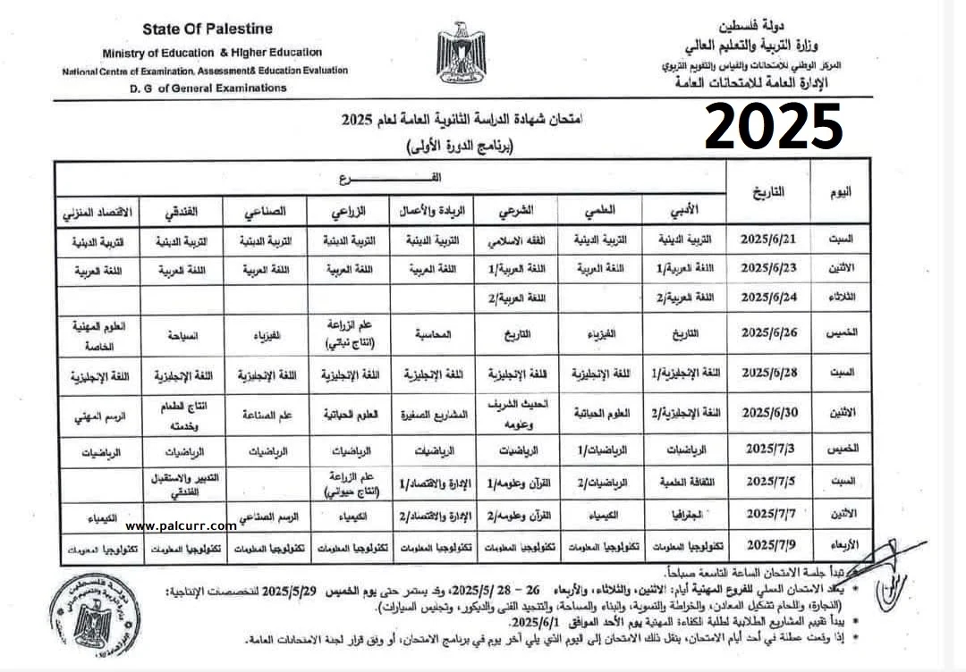 جدول امتحانات التوجيهي 2025